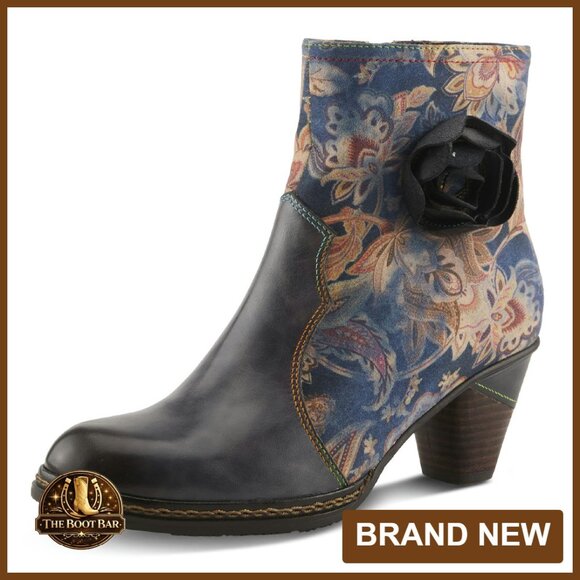 Floral Leather Ankle Boots with Rose Cutout Mid Heel Size 5
